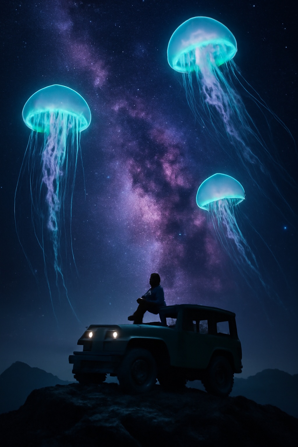 Meduse cosmiche sotto una via lattea, jeep sull'orizzonte