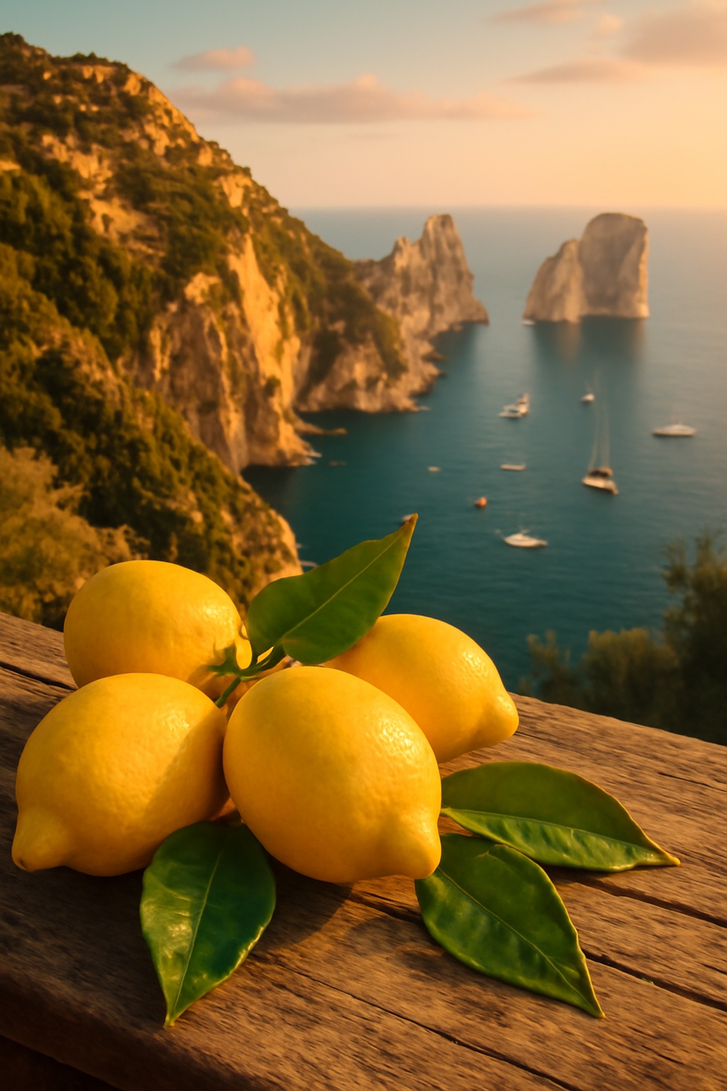 Paesaggio mediterraneo con rami di limoni e mare turchese